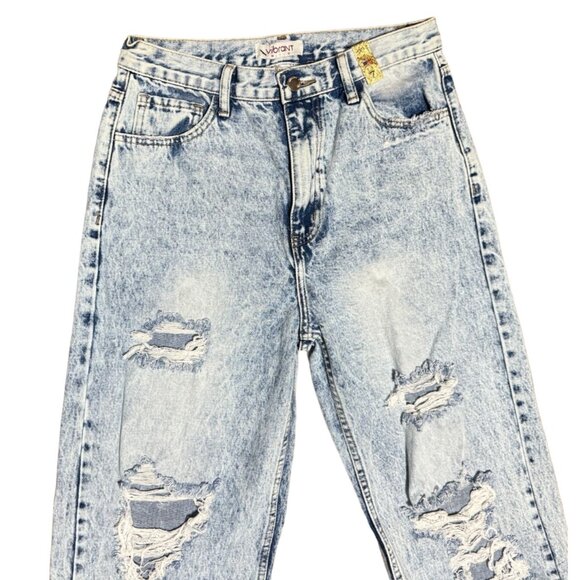 NWT WIDE LEG DISTRESSED JEANS SIZE 7 ACID WASH HIGH RISE VIBRANT M.I.U RAW HEM - Picture 2 of 6